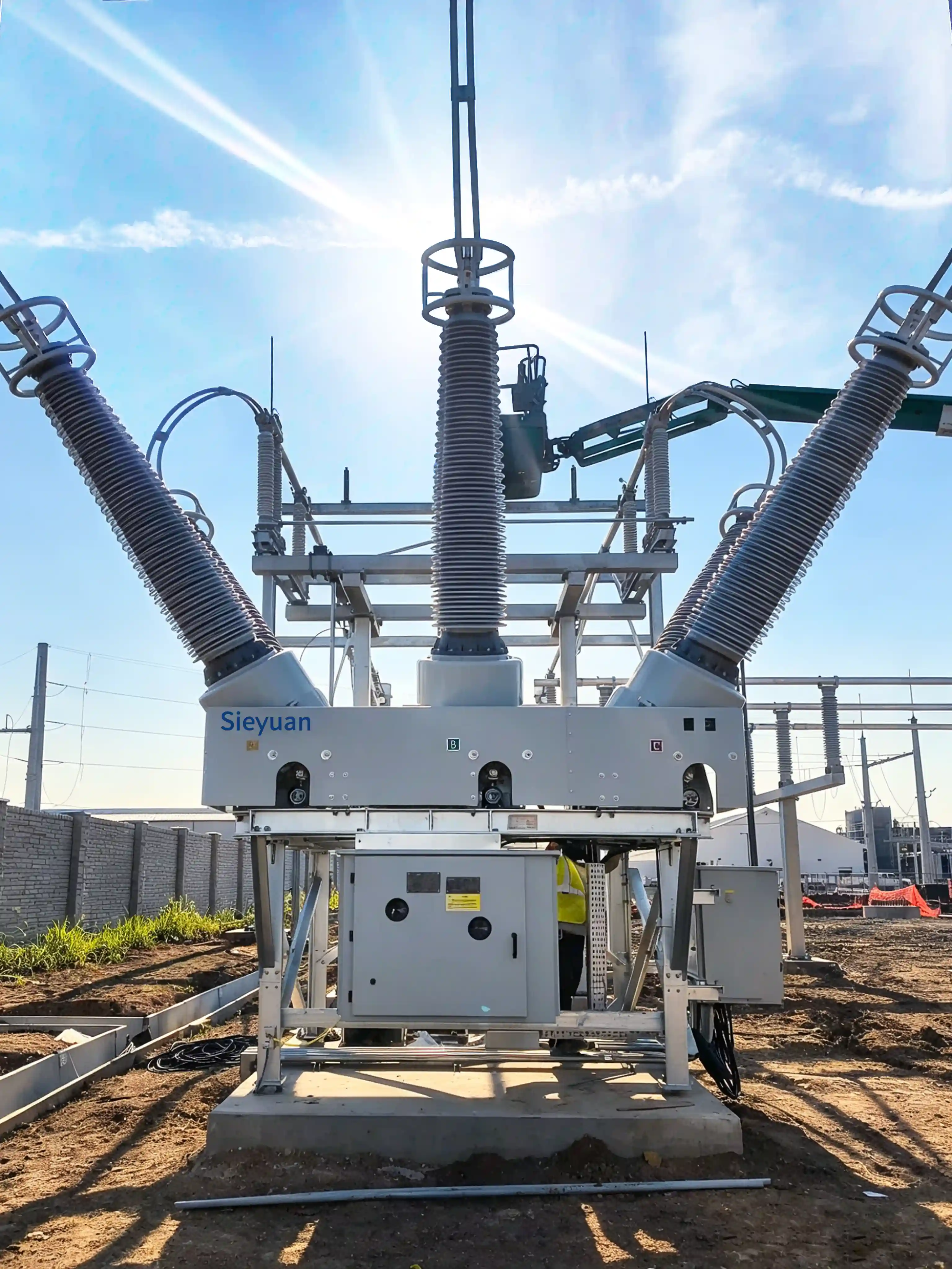 230 kV dead tank circuit breaker with NEMA 3R control cabinet in ANSI 70 gray finish