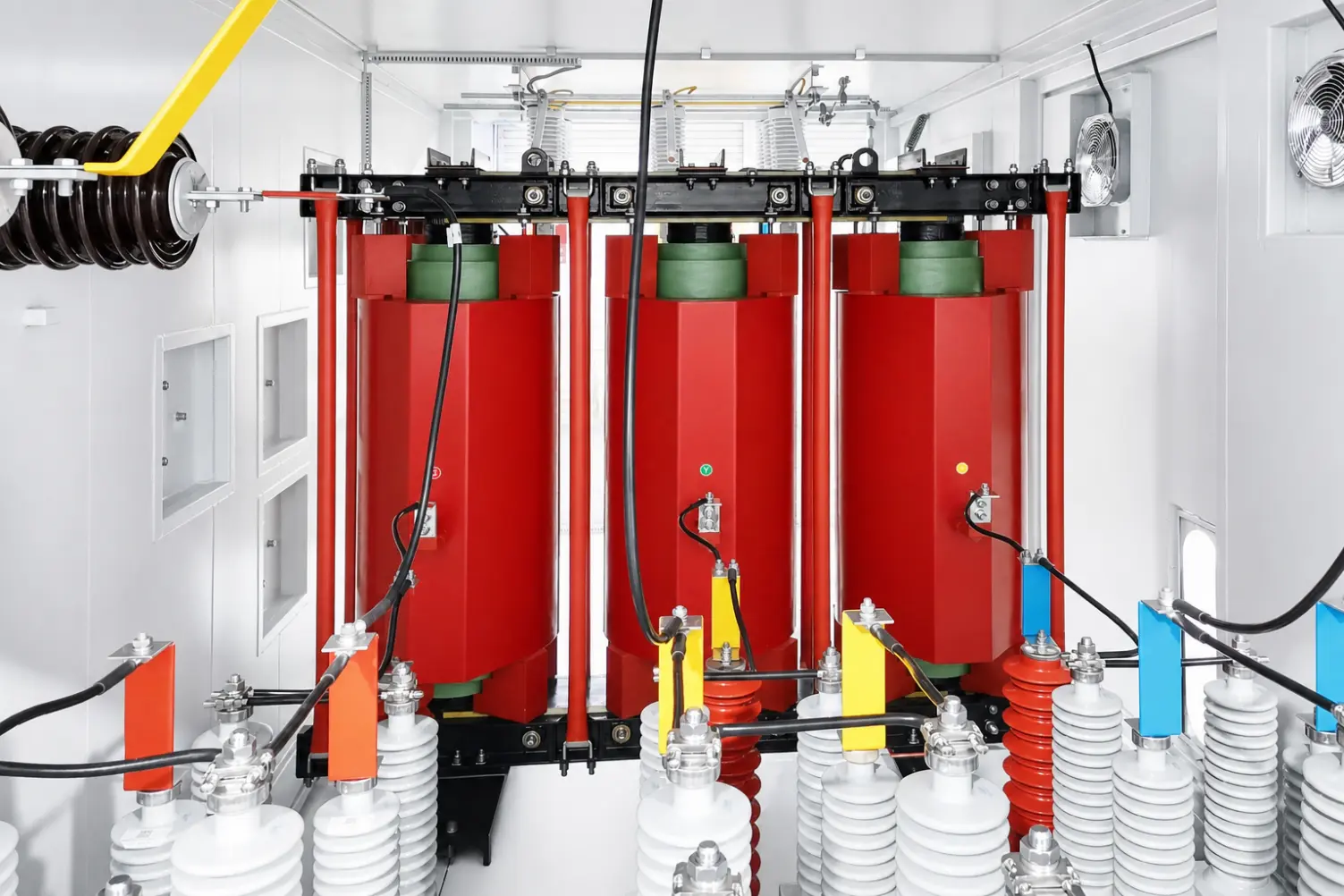 Interior of a Sieyuan containerised 35 kV capacitor bank with capacitors, reactors and isolating switches