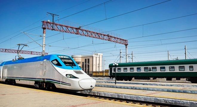 High-speed electric train on an electrified railway line