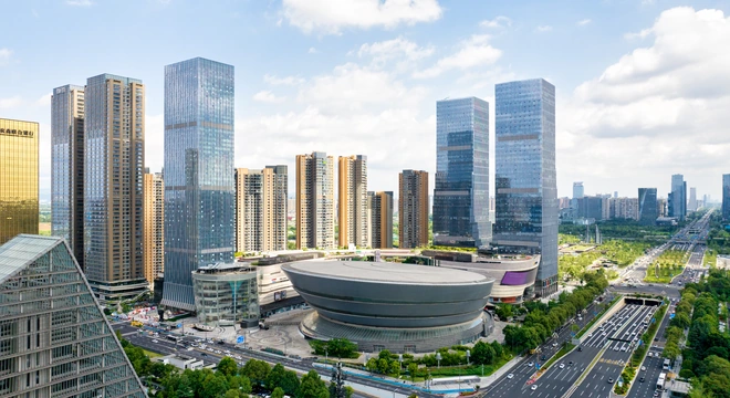 Modern commercial district with high-rise office towers