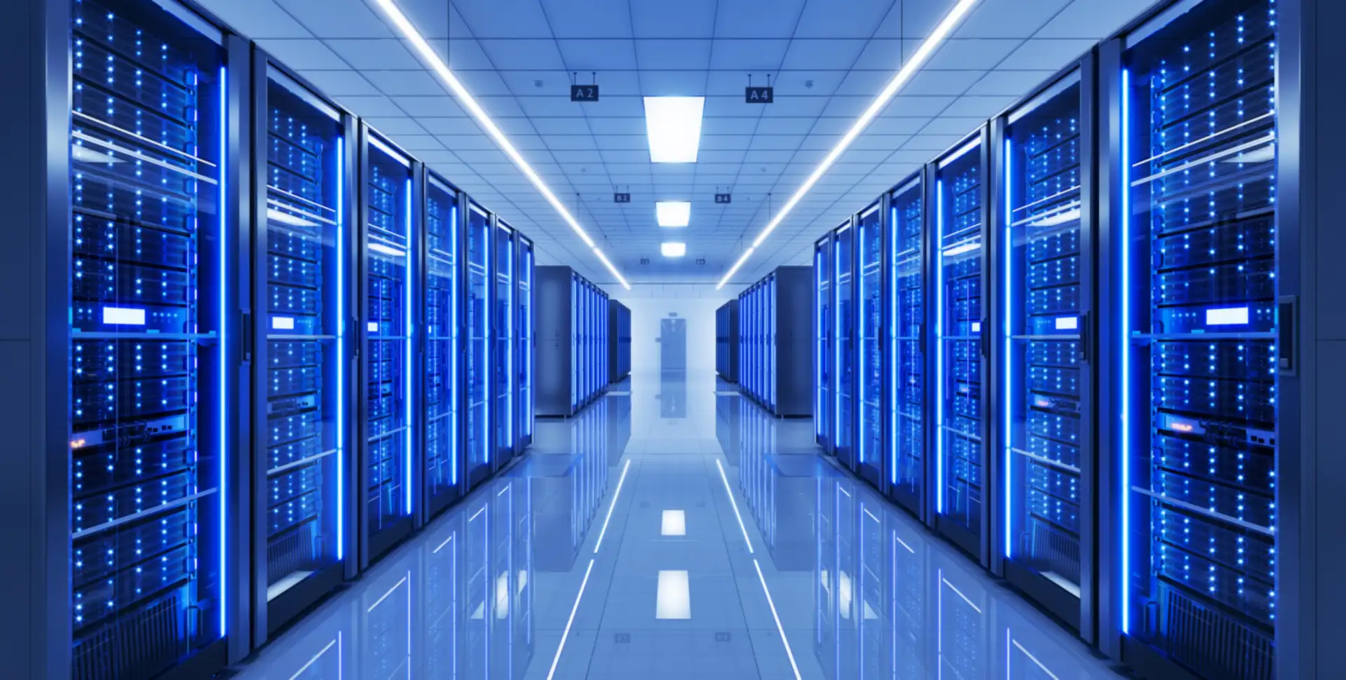 Data center aisle lined with illuminated blue server racks