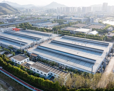 Aerial view of an industrial park with large factory buildings