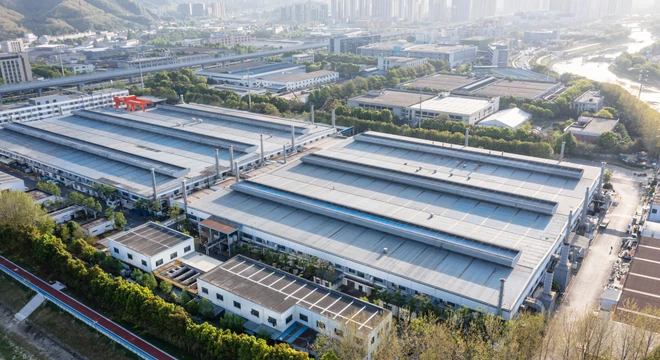 Aerial view of an industrial park with large factory buildings