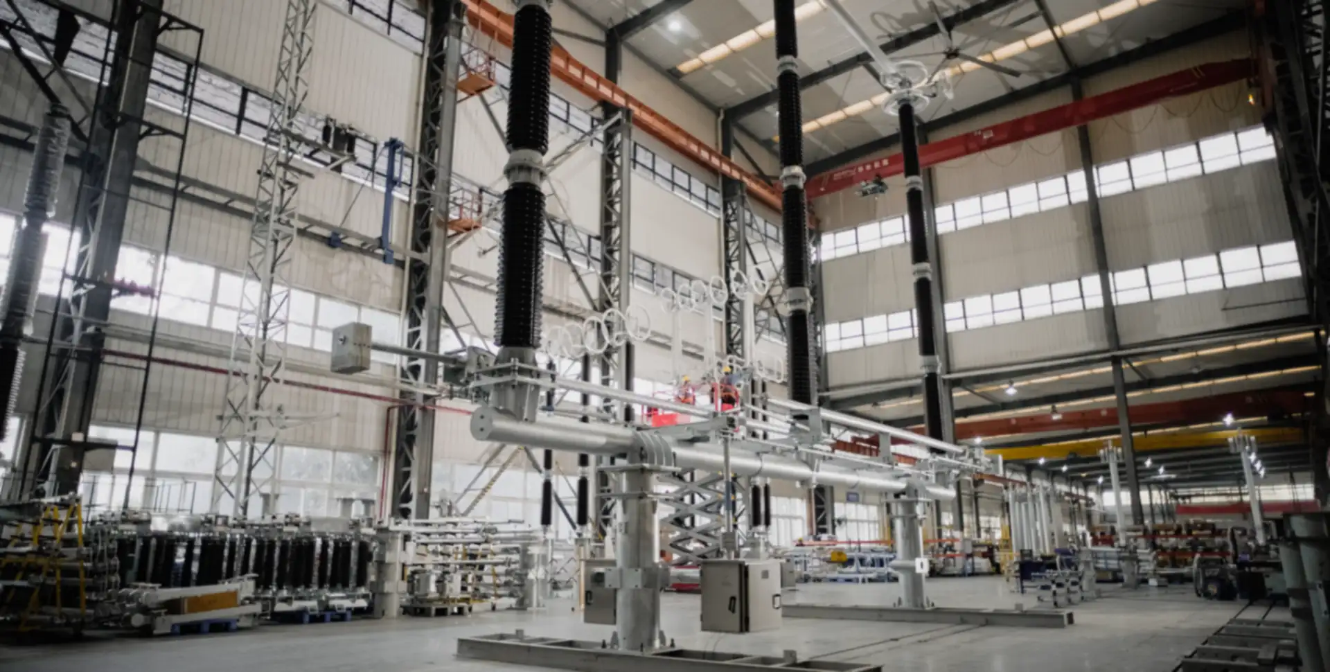High-voltage GIS switchgear assembly inside an industrial manufacturing plant