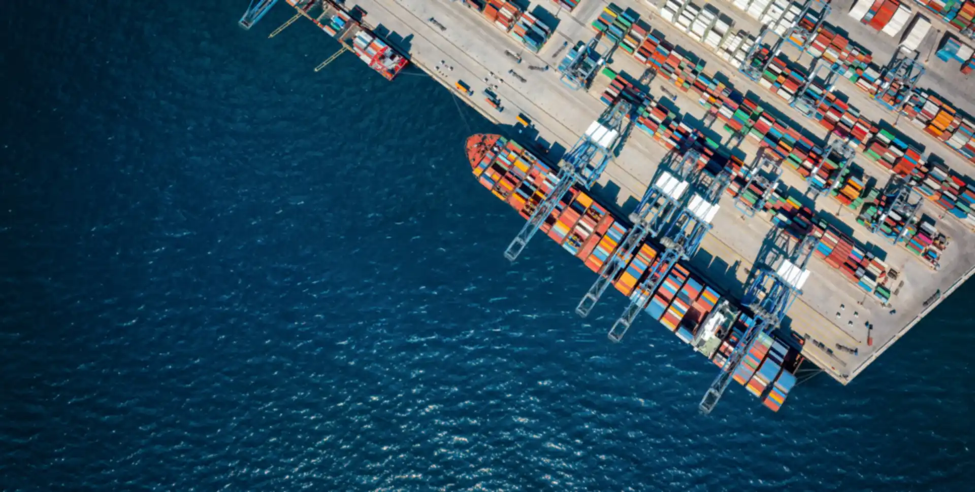 Aerial view of a container terminal with cargo ships at berth