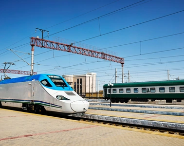 High-speed electric train on an electrified railway line