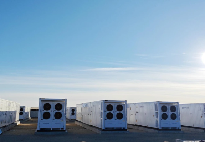 Row of liquid-cooled battery and PCS containers at the Gobi region storage project