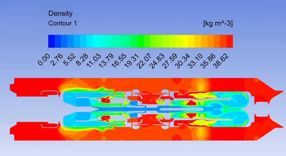 Gas density contour plot from an arc-extinguishing chamber breaking simulation