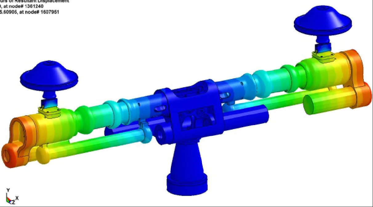 Color-mapped displacement simulation of a switchgear conductor assembly under dynamic stress