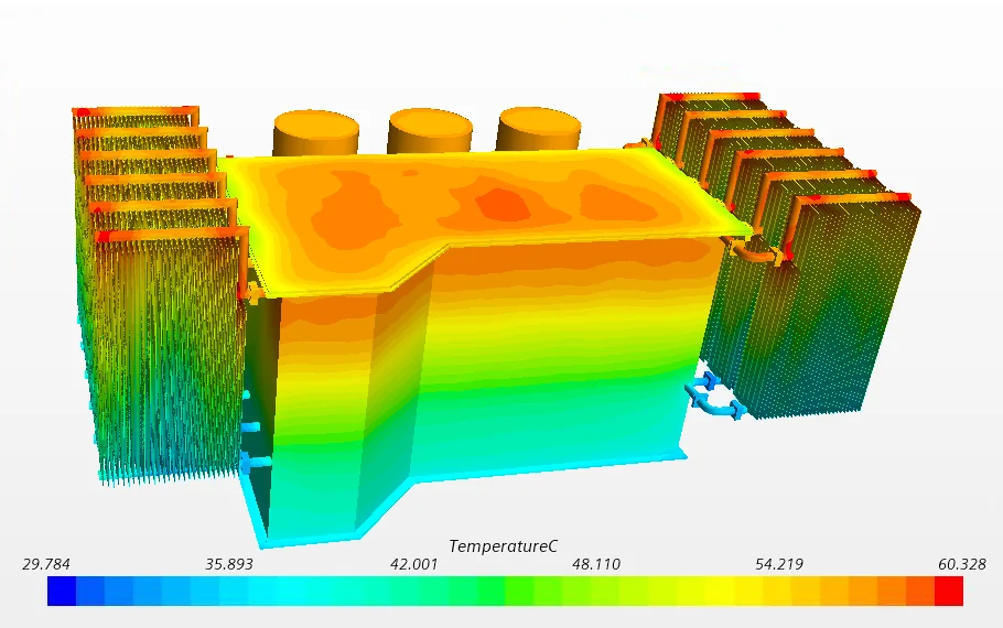 Temperature distribution simulation of a power transformer tank and cooling radiators