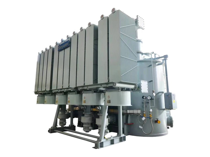 Gas-insulated power transformer with an enclosed tank and side-mounted coolers