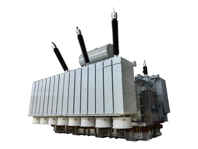 Mineral oil-immersed power transformer with radiator banks and high-voltage bushings