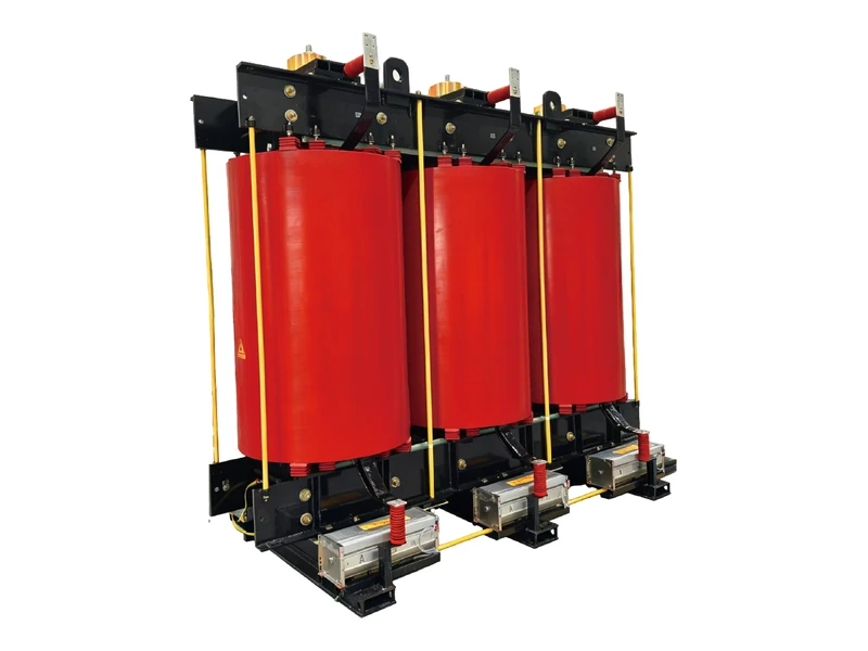 Cast-resin dry-type transformer with red encapsulated windings on a steel frame