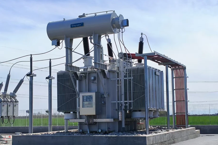 Power transformer at a solar power plant collection substation