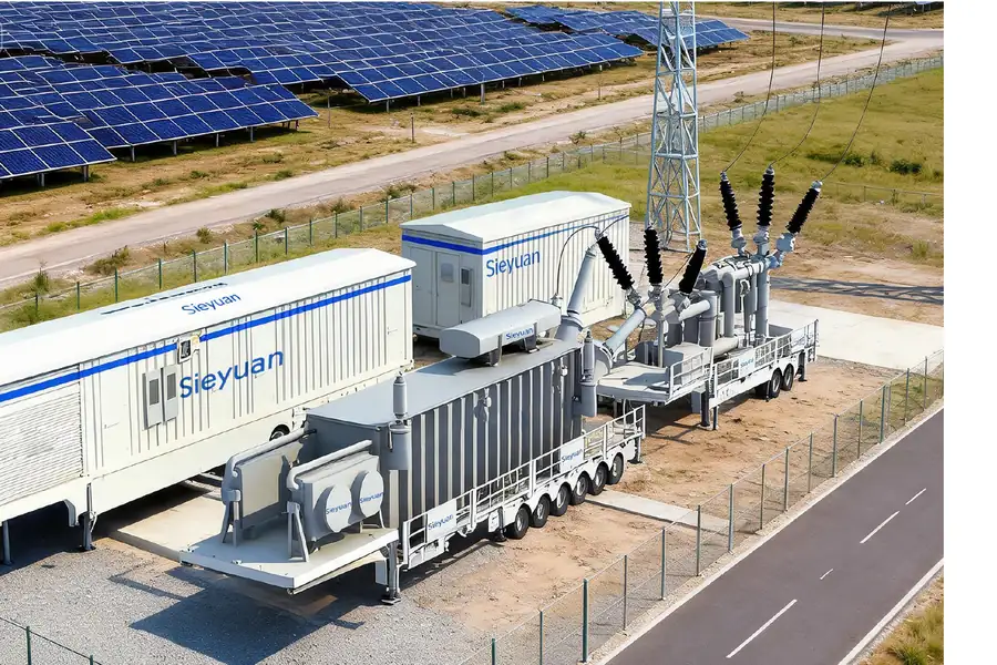 Trailer-mounted mobile substation and control house beside a solar farm