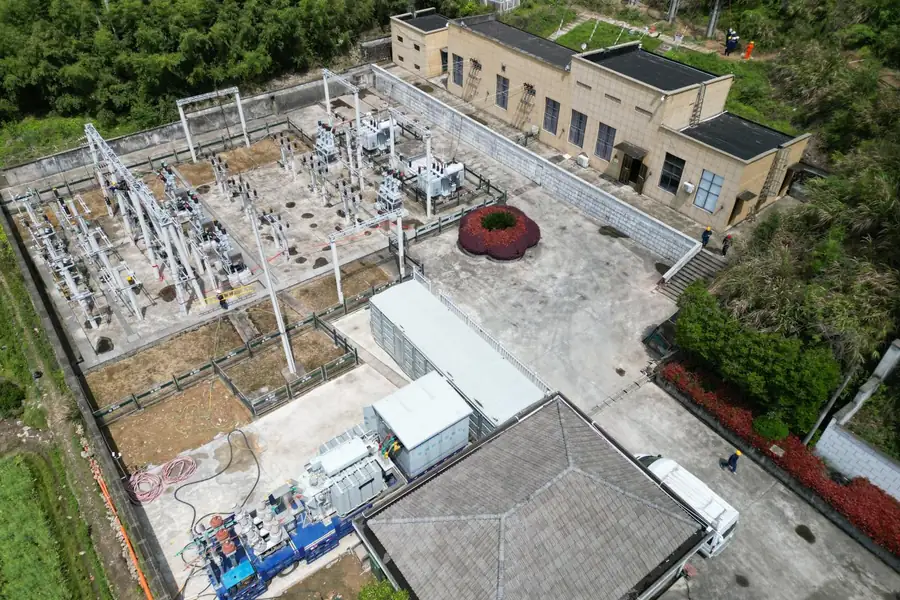 Aerial view of a substation with a mobile substation installed during a planned outage