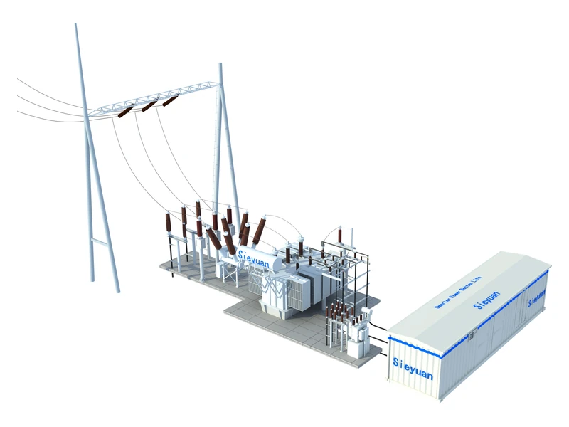 3D rendering of a 66 kV skid-mounted mobile substation with transformer and control house