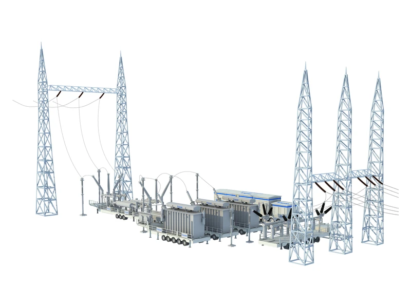 3D rendering of a 380 kV trailer-mounted mobile substation connected to transmission towers
